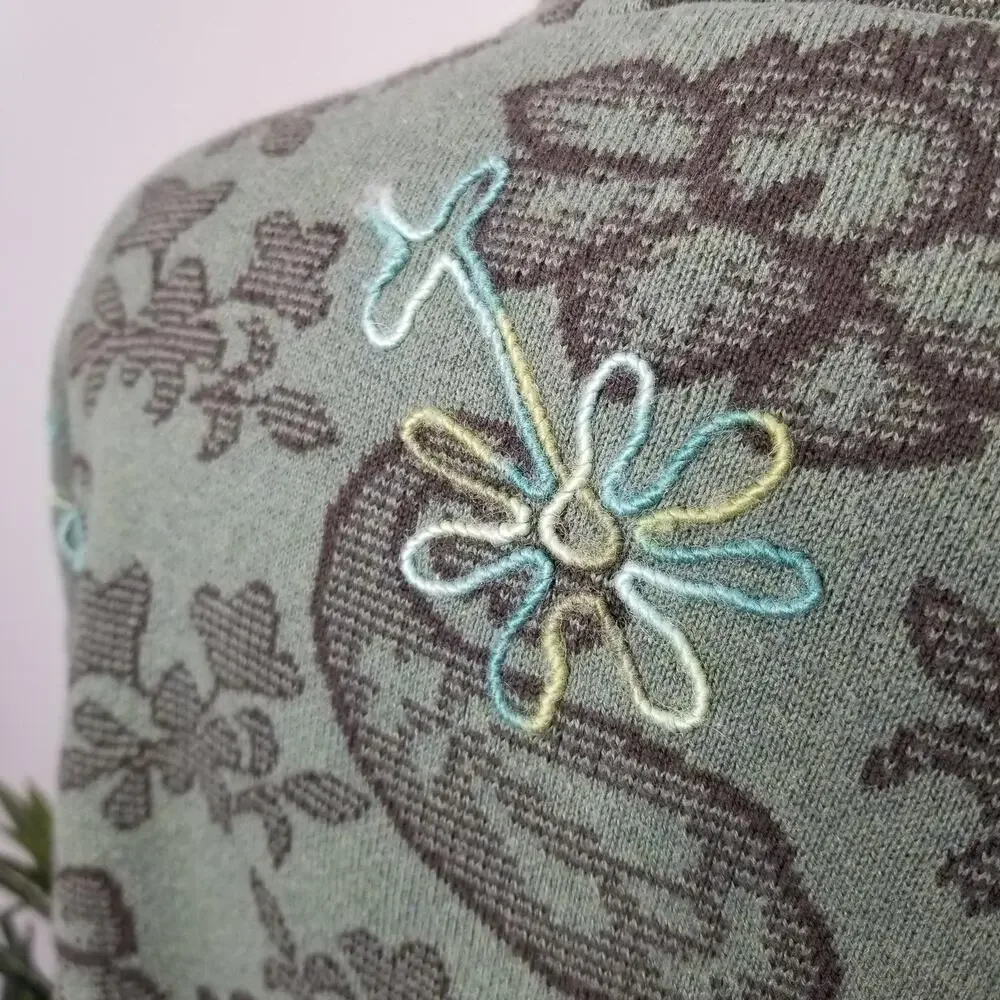 Sigrid Olsen Jacket Womens 2X Green Paisley Knit Embroidered Art To Wear